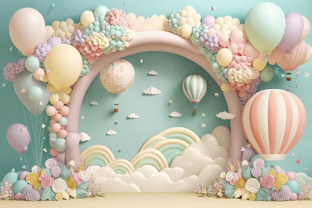 Un arco colorato con palloncini e un bambino sopra.