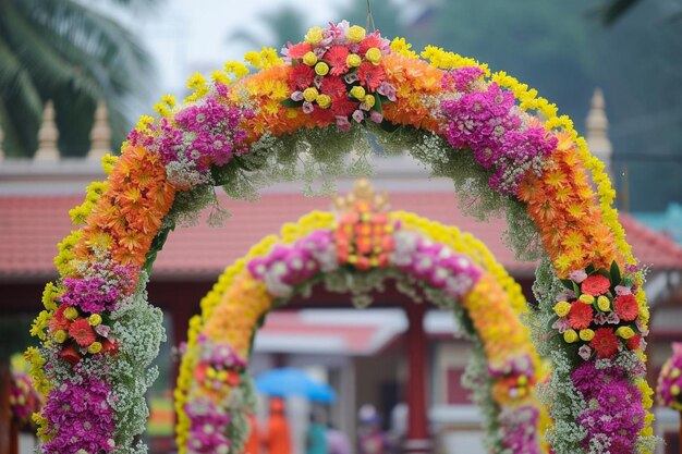 un arco colorato decorato con fiori e un ombrello blu