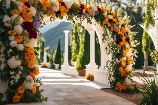 un arco coperto di fiori con una vista sulla montagna sullo sfondo