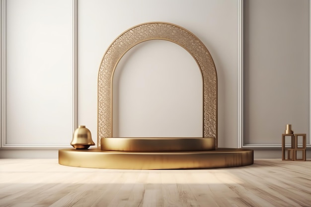 Un arco d'oro in una stanza con un muro bianco e una luce sul muro.