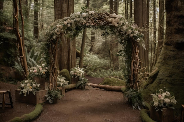 Un arco di legno rustico in una lussureggiante foresta