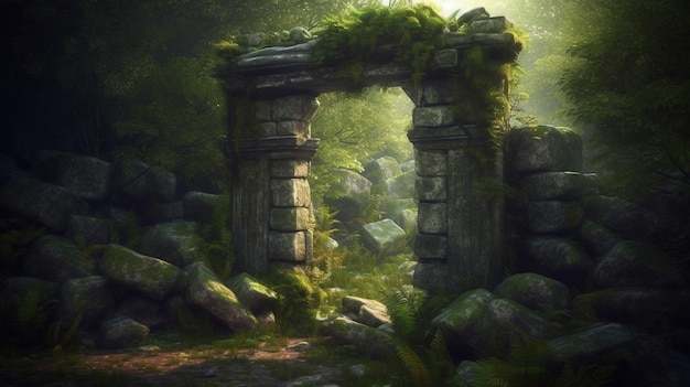 Un arco di pietra dall'aspetto misterioso in una foresta con una foresta verde sullo sfondo.