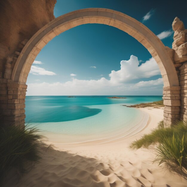 Un arco di pietra porta a una spiaggia con una scena di spiaggia sullo sfondo.