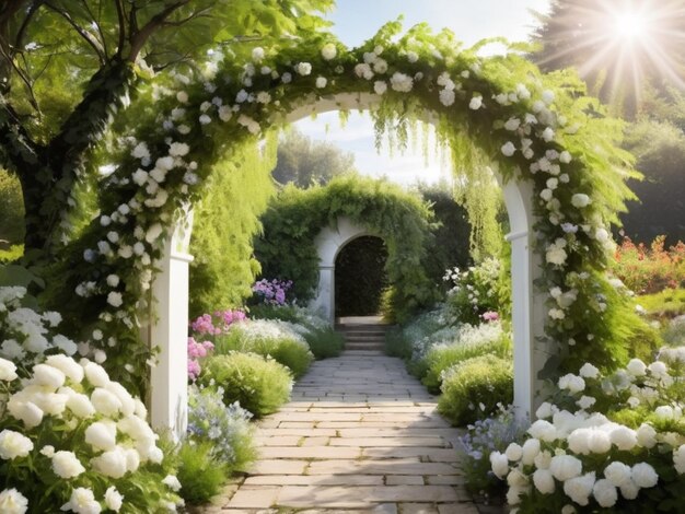 Un arco floreale bianco che porta a un giardino aperto