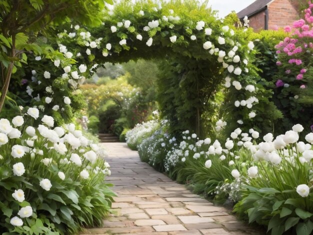 Un arco floreale bianco che porta a un giardino aperto