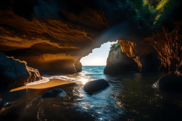 Un arco naturale in una grotta con il sole che splende attraverso l'apertura.