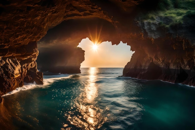 Un arco naturale in una grotta con il sole che tramonta dietro di esso.