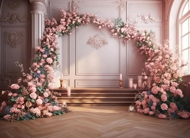 Un arco nuziale rosa e bianco con sopra delle rose