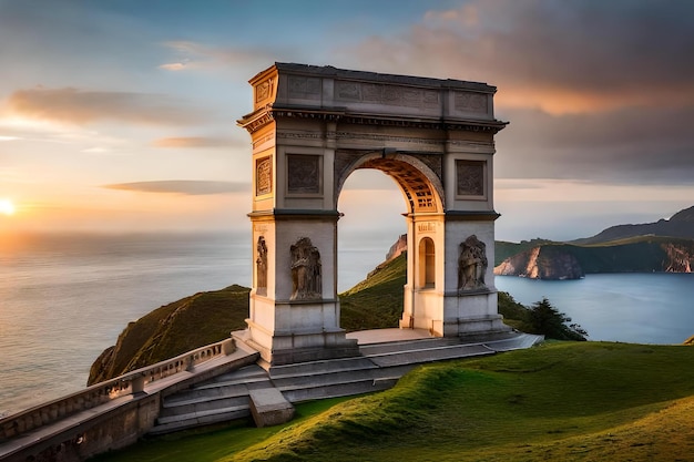 Un arco trionfale si illumina al tramonto.