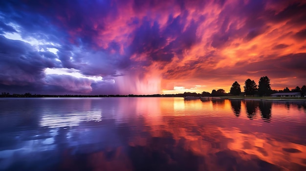 Un arcobaleno appare su un lago al tramonto