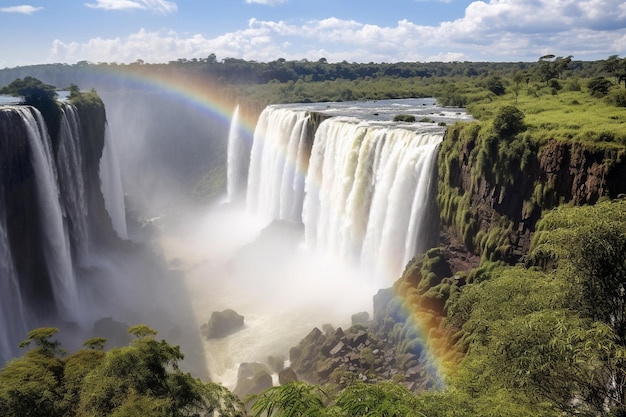 Un arcobaleno appare sulle cascate delle cascate di iguazu.