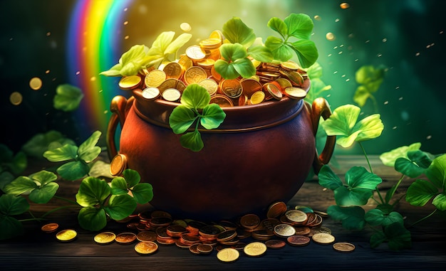 Un arcobaleno che cade in una pentola di monete d'oro concetto del giorno di San Patrizio