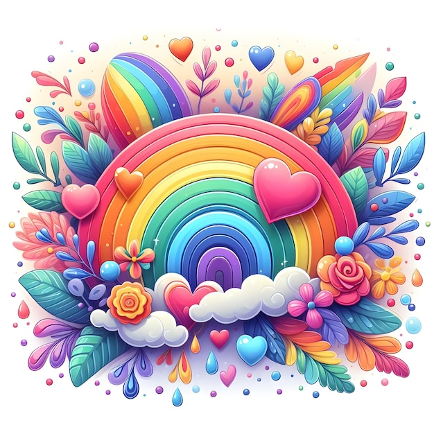 un arcobaleno con cuori e fiori in cima