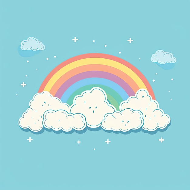 un arcobaleno con nuvole sul cielo azzurro in stile kawaii chic