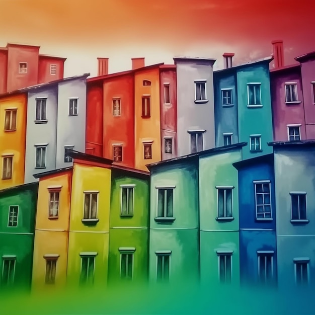 Un arcobaleno di case è dipinto in un arcobaleno.