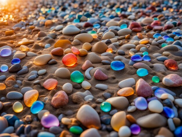 un arcobaleno di rocce sulla spiaggia al tramonto che mostra una spiaggia al crepuscolo