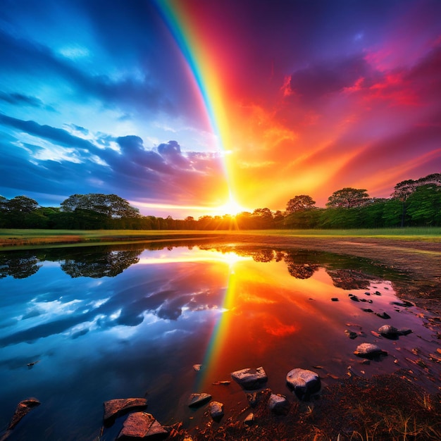 Un arcobaleno dietro una finestra di vetro con gocce d'acqua Punto di vista