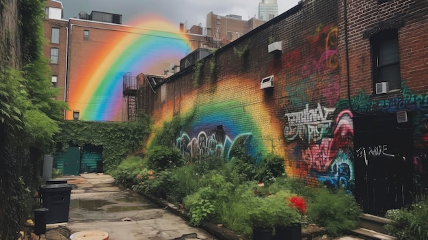 Un arcobaleno dipinto su un muro di mattoni con un arcobaleno sullo sfondo.