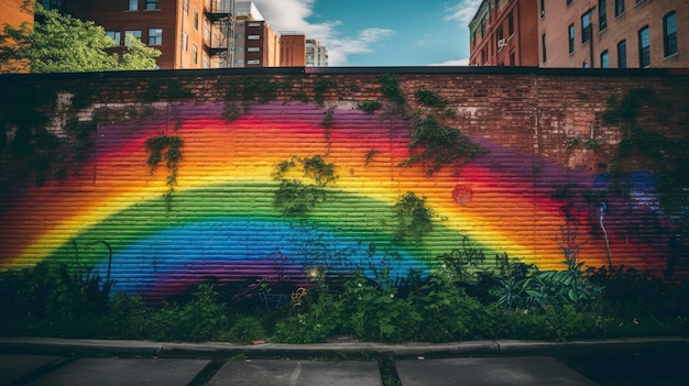 Un arcobaleno dipinto su un muro di mattoni in una città