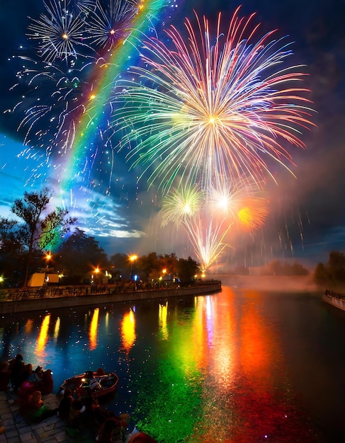 Un arcobaleno è illuminato da fuochi d'artificio nel cielo