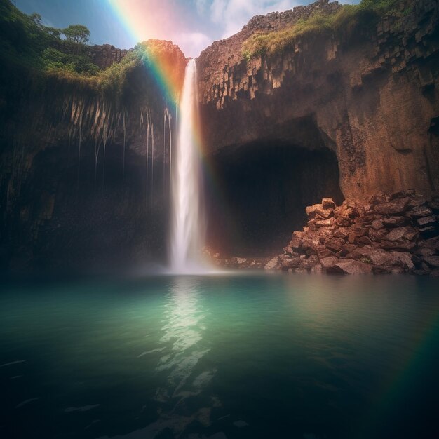 un arcobaleno è nell'acqua e il sole splende sull'acqua