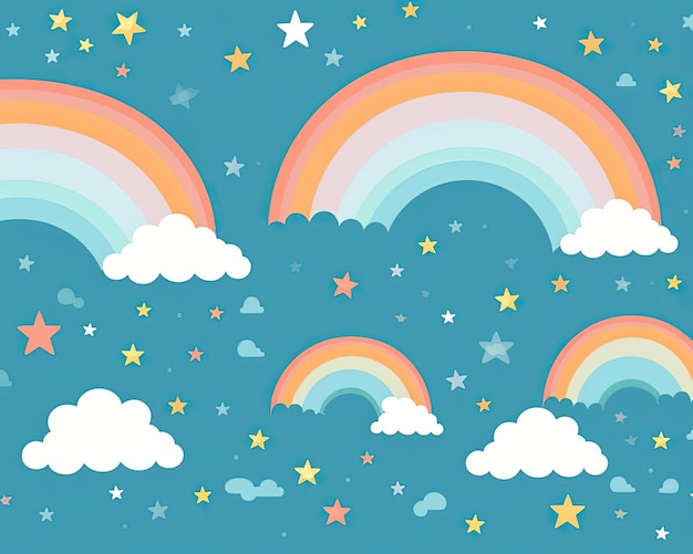 un arcobaleno e nuvole con stelle delineate su uno sfondo bianco nello stile del turchese scuro e l