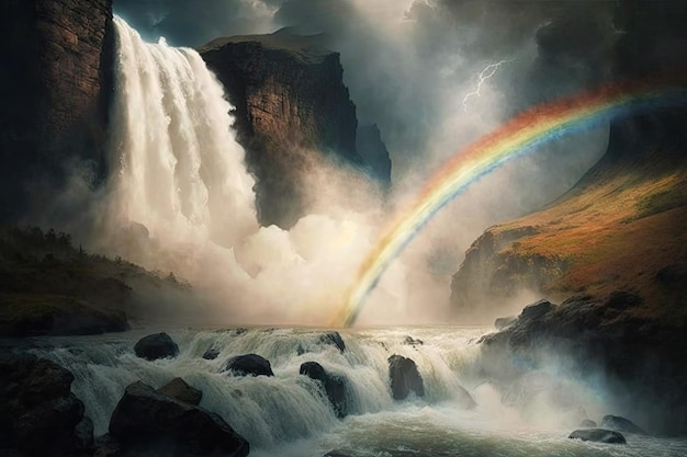 Un arcobaleno sopra una fragorosa cascata con la nebbia che sale nell'aria