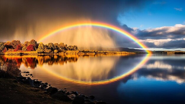 un arcobaleno su un lago in autunno.