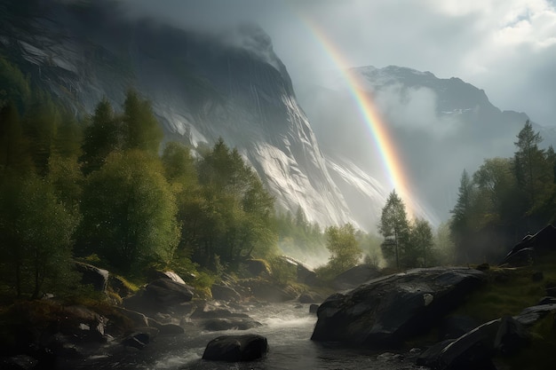 Un arcobaleno su un ruscello di montagna