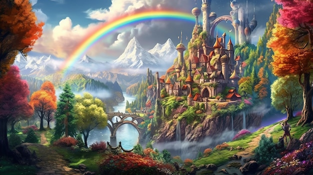 Un arcobaleno su un villaggio fatato nella foresta Concetto di fantasia Illustrazione pittura