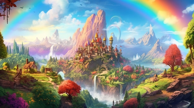 Un arcobaleno su un villaggio fatato nella foresta Concetto di fantasia Illustrazione pittura