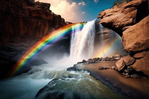 Un arcobaleno su una cascata con l'acqua che si schianta in una piscina