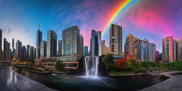 Un arcobaleno su una città con un arcobaleno nel cielo