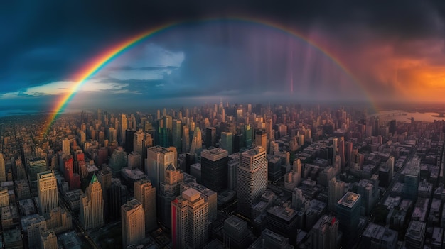 Un arcobaleno su una città con un cielo scuro e un arcobaleno sopra di essa