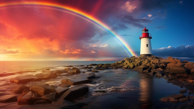 un arcobaleno sull'oceano con un arcobaleno sullo sfondo