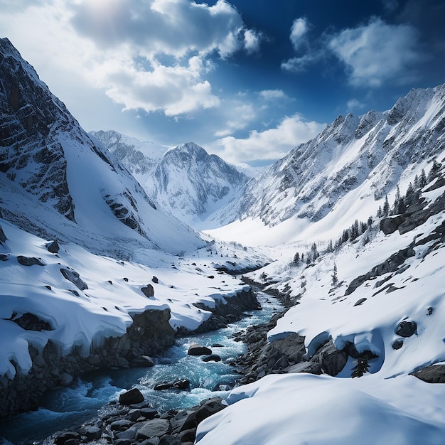 Un'area con un fiume che scorre attraverso le montagne con montagne innevate sullo sfondo