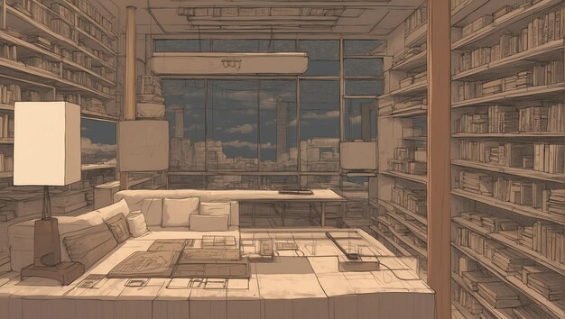 un'area lounge in una biblioteca con un paesaggio industriale fuori dalla finestra in stile anime