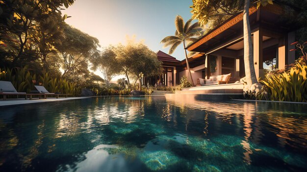 Un'area piscina tranquilla e pacifica di una lussuosa villa con piscina che mostra la sua bellezza e gli elementi naturali