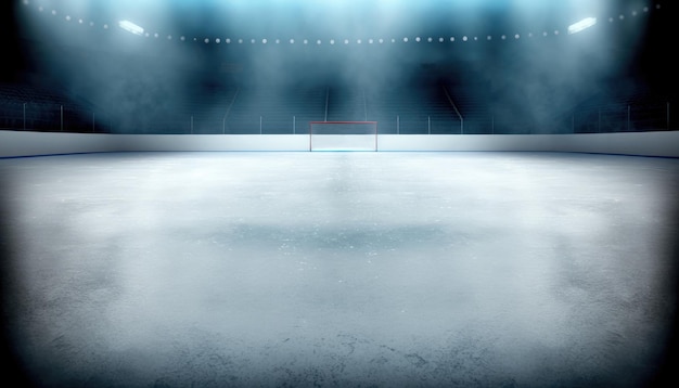 Un'arena di hockey su ghiaccio non occupata pronta per la partita da giocare sulla pista