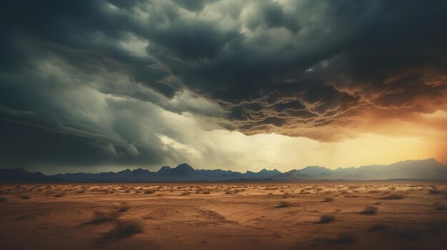 Un'arida desolazione del deserto con una tempesta in arrivo. IA generativa