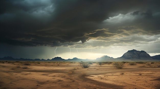 Un'arida desolazione del deserto con una tempesta in arrivo. IA generativa