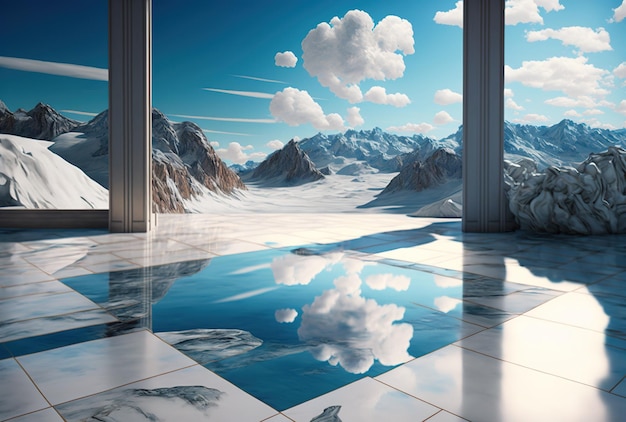 Un arido pavimento di marmo montagne innevate e un cielo blu nuvoloso