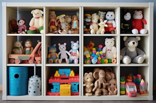 un armadio a colonna pieno di giocattoli fotografia professionale