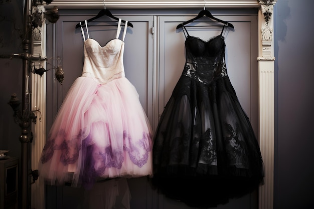 un armadio con un vestito da sposa bianco e un abito nero e rosa che una ragazza emo indosserebbe e un piccolo p