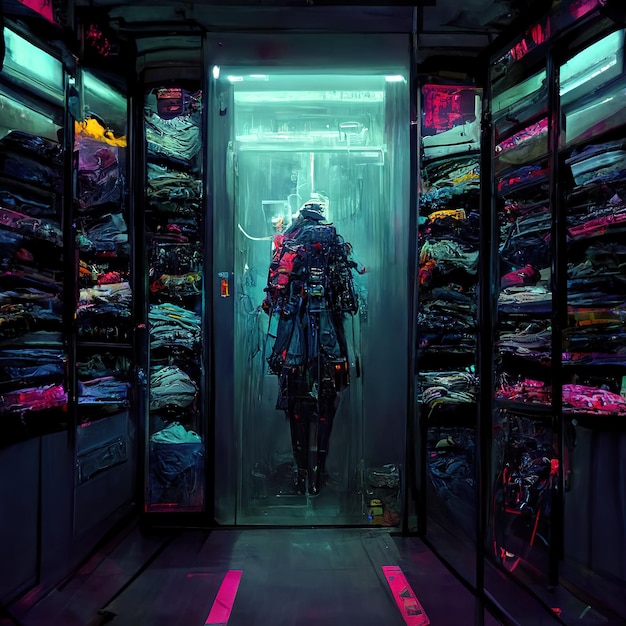 un armadio cyberpunk pieno di vestiti