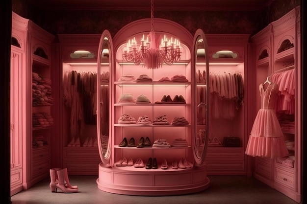 Un armadio rosa con un lampadario che dice "rosa".