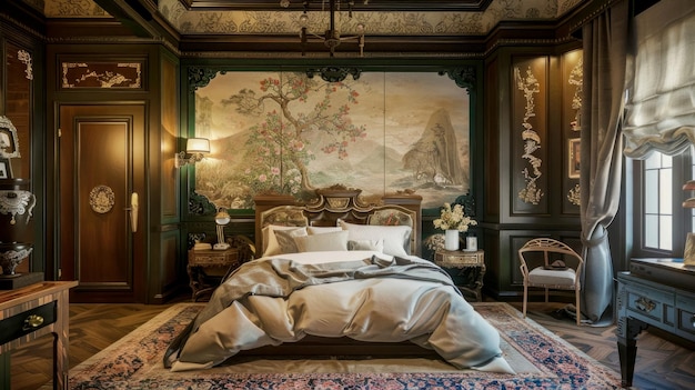 Un'armonica combinazione di stili Chinoiserie e francese Art Nouveau nell'interno di un letto d'albergo