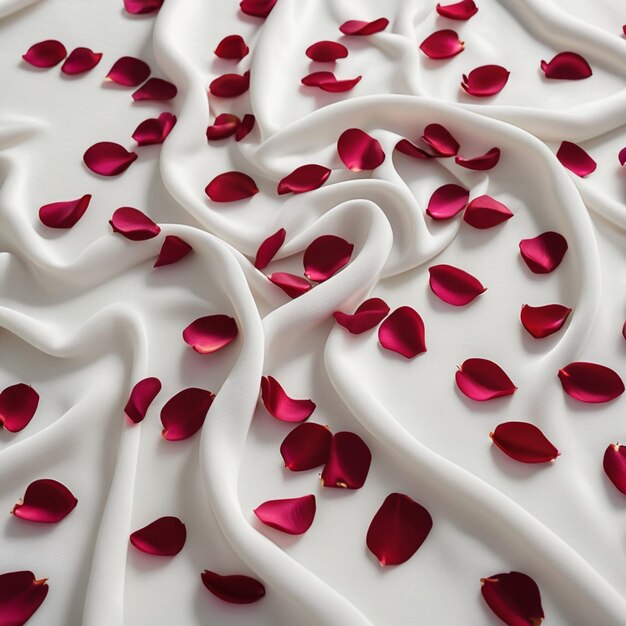 un arrangiamento di fiori bianchi e rossi con petali e petali su una superficie bianca