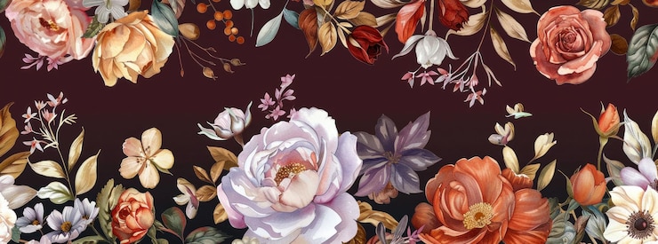 Foto un'arrangiamento floreale vibrante con varie rose e fiori su un ricco sfondo bordeaux che mostra dettagli intricati ed eleganza