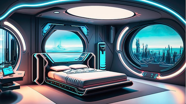 Un arredamento olografico intelligente moderno hightech scifi cyberpunk futuristico camera da letto interni 3d per la casa